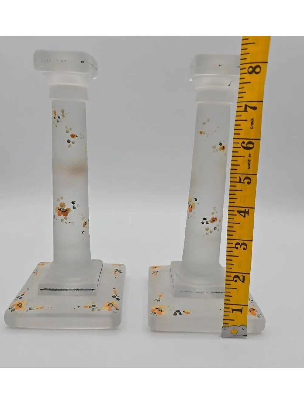 Vintage Hand Painted Satin Frosted Glass Candlestick Holders Pair Floral